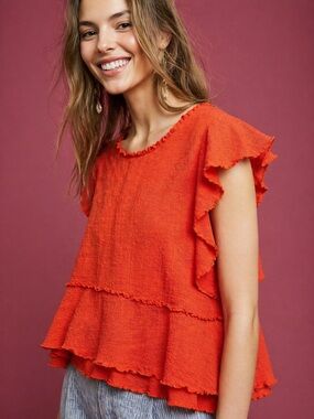 Anthro Maeve Reddish Orange Ruffle Peplum Top Raw Edge Flutter Sleeve Boho